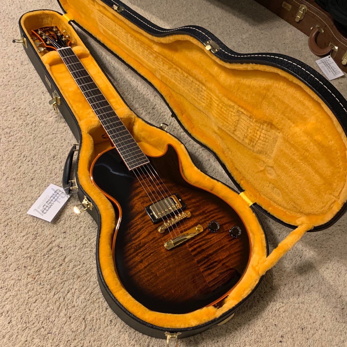 FLAMED NECK π·π! 2025 Gibson Custom Shop Les Paul Custom Axcess Orange Widow Burst Single Bridge Pickup No Inlays F Figured Black Ebony Fretboard M2M Made To Measure Flame Maple Top Gold Hardware Stopbar BurstBucker 3 ABR-1 Figured Maple Neck