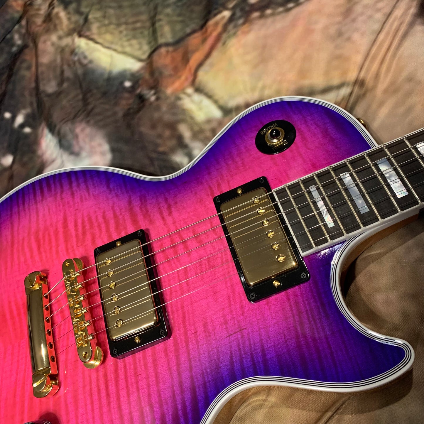 EXOTIC 🦄💋! 2024 Gibson Custom Shop Les Paul Custom Axcess Neon Burst AAA F Figured Flamed Desert Sunset Trans Pink Purple Violet Black Ebony Fretboard Full Gloss ‘57 Classic M2M Made To Measure Bengal Burst ABR-1 Stopbar PRS Orianthi Blooming Lotus Glow