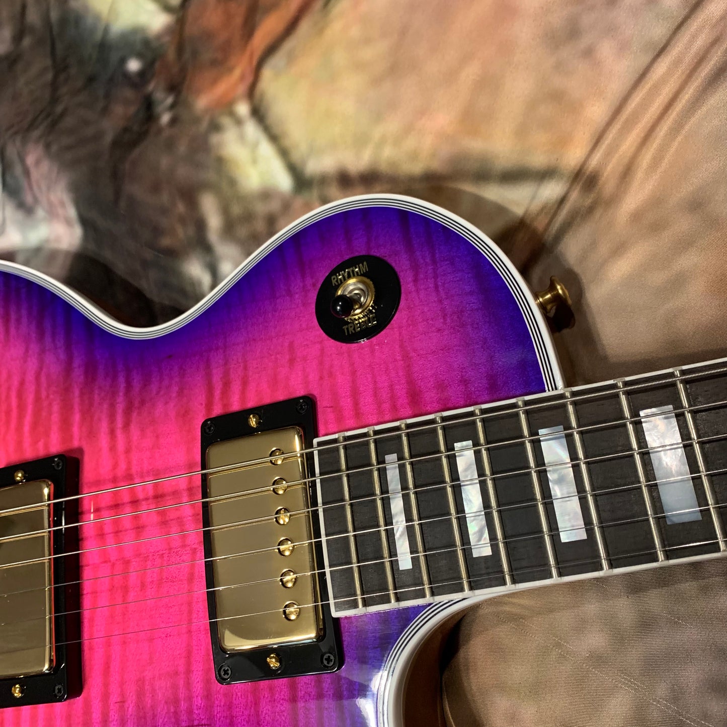 EXOTIC 🦄💋! 2024 Gibson Custom Shop Les Paul Custom Axcess Neon Burst AAA F Figured Flamed Desert Sunset Trans Pink Purple Violet Black Ebony Fretboard Full Gloss ‘57 Classic M2M Made To Measure Bengal Burst ABR-1 Stopbar PRS Orianthi Blooming Lotus Glow