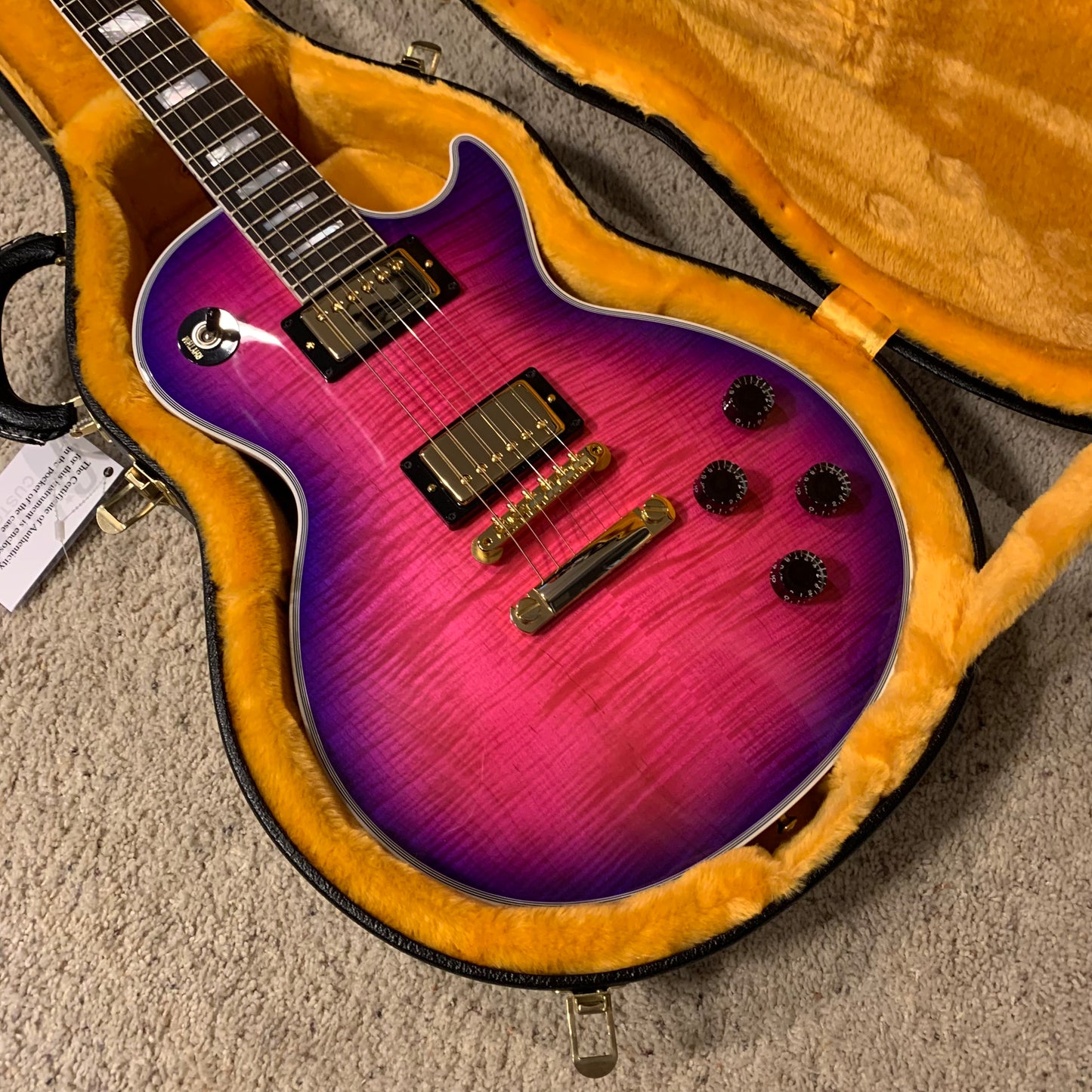 EXOTIC 🦄💋! 2024 Gibson Custom Shop Les Paul Custom Axcess Neon Burst AAA F Figured Flamed Desert Sunset Trans Pink Purple Violet Black Ebony Fretboard Full Gloss ‘57 Classic M2M Made To Measure Bengal Burst ABR-1 Stopbar PRS Orianthi Blooming Lotus Glow