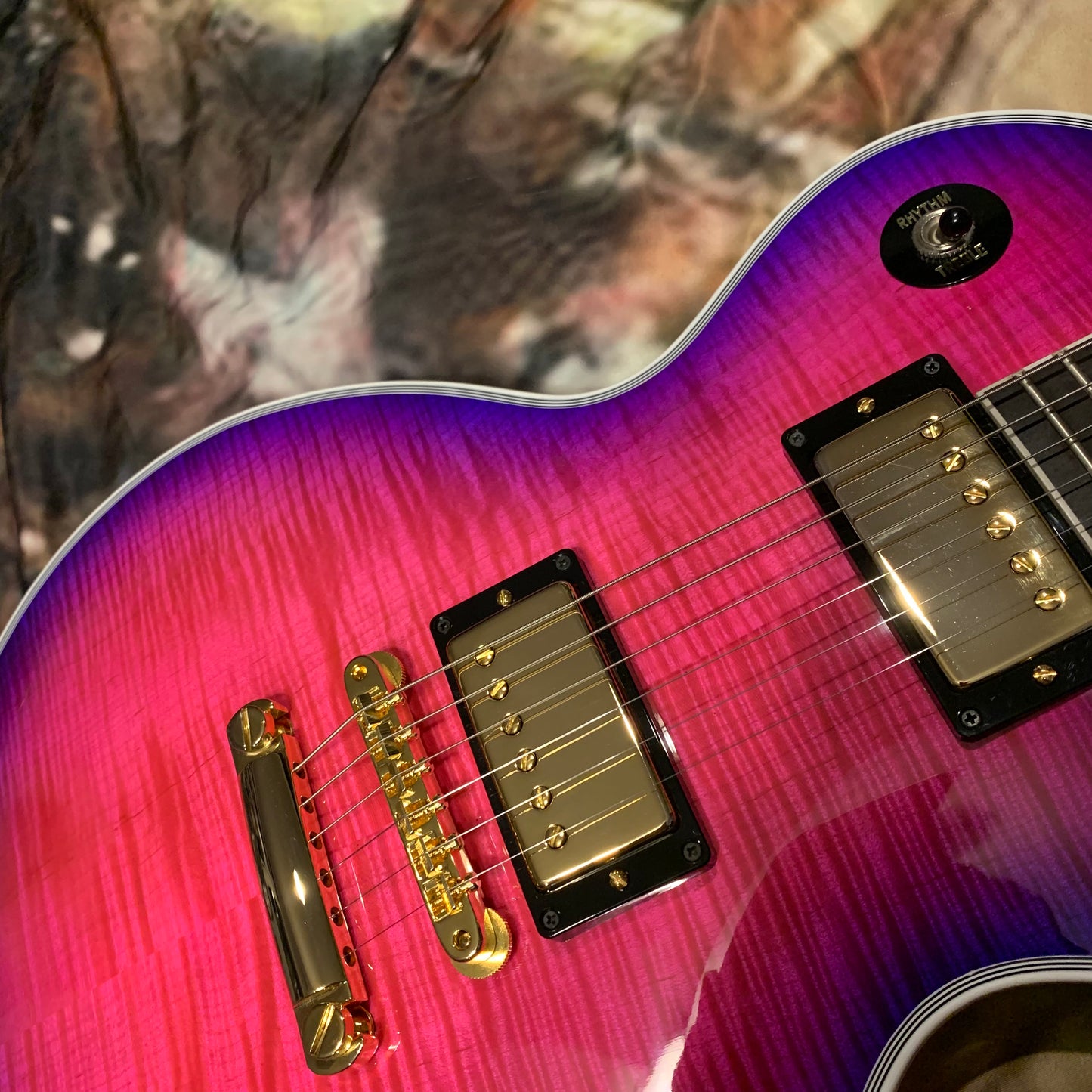 EXOTIC 🦄💋! 2024 Gibson Custom Shop Les Paul Custom Axcess Neon Burst AAA F Figured Flamed Desert Sunset Trans Pink Purple Violet Black Ebony Fretboard Full Gloss ‘57 Classic M2M Made To Measure Bengal Burst ABR-1 Stopbar PRS Orianthi Blooming Lotus Glow