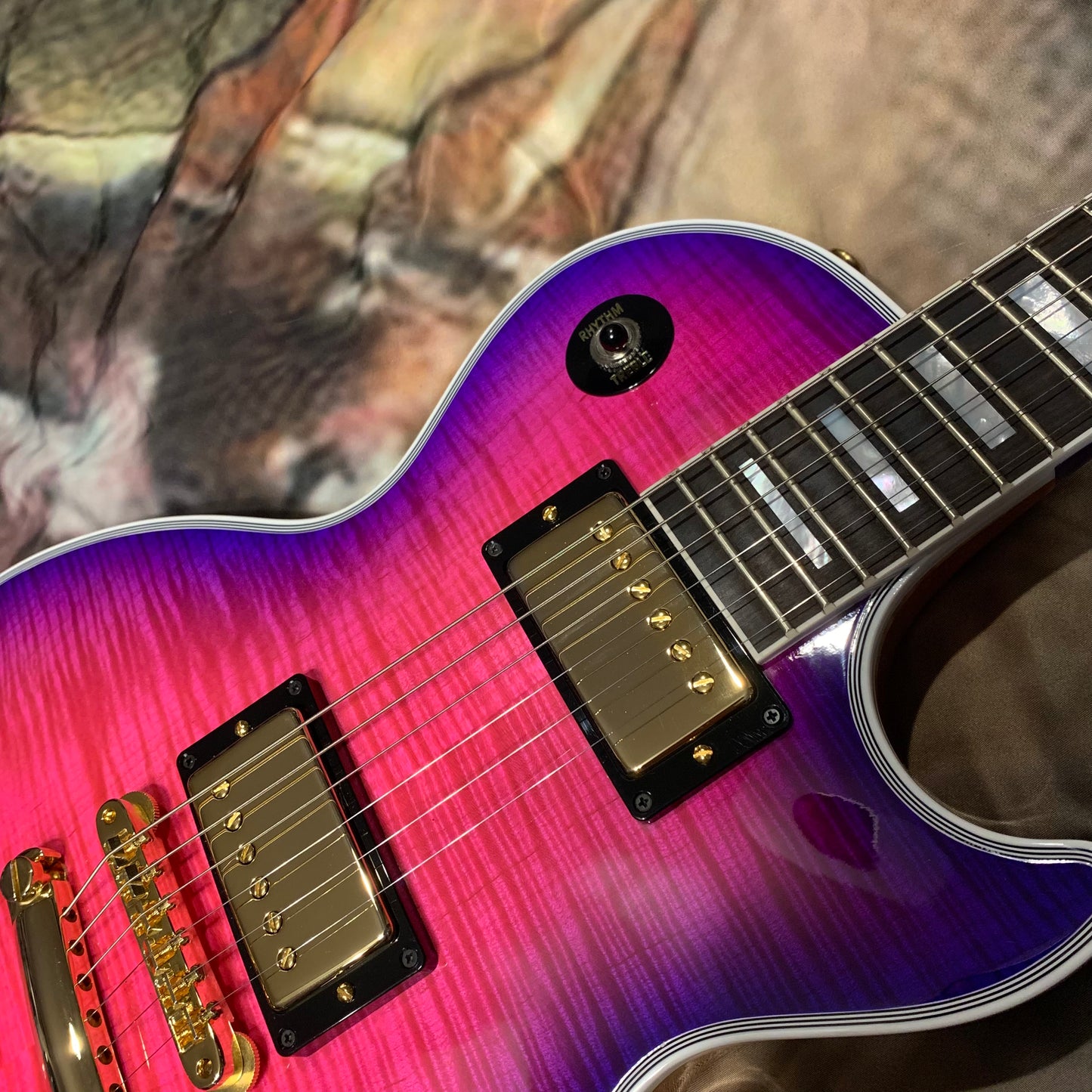 EXOTIC 🦄💋! 2024 Gibson Custom Shop Les Paul Custom Axcess Neon Burst AAA F Figured Flamed Desert Sunset Trans Pink Purple Violet Black Ebony Fretboard Full Gloss ‘57 Classic M2M Made To Measure Bengal Burst ABR-1 Stopbar PRS Orianthi Blooming Lotus Glow