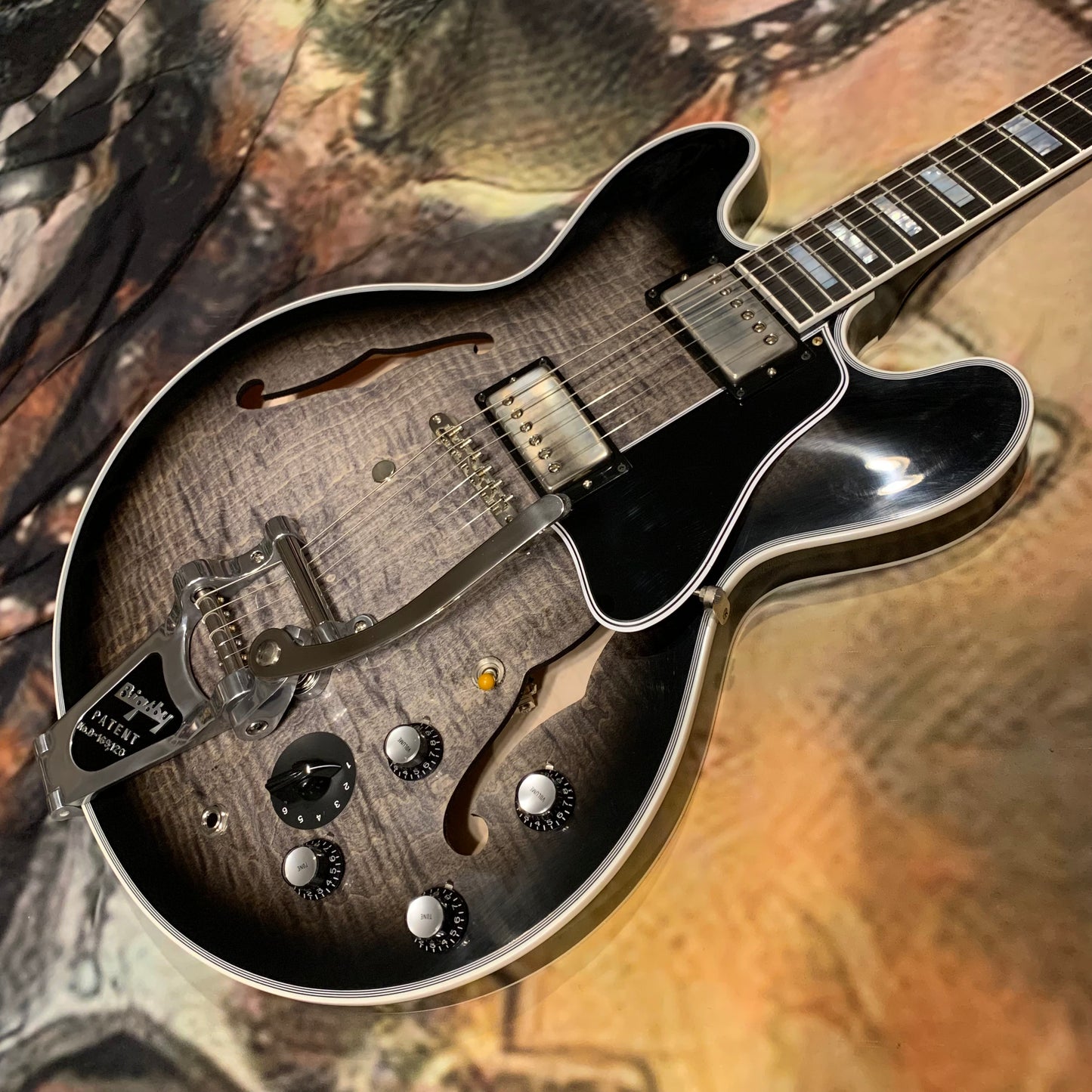 COBRA BURST 🐍! 2026 Gibson Custom Shop Gary Clark Jr. Signature ES-355 Translucent Ebony Black Silver Burst Trans Silverburst VOS Limited Edition Ebony Fretboard Nickel Mono Varitone Exclusive CustomBucker Pickups Modern F Figured Q Quilt Maple B7 Bigsby