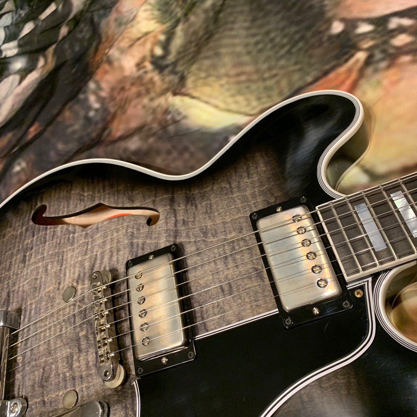 COBRA BURST 🐍! 2026 Gibson Custom Shop Gary Clark Jr. Signature ES-355 Translucent Ebony Black Silver Burst Trans Silverburst VOS Limited Edition Ebony Fretboard Nickel Mono Varitone Exclusive CustomBucker Pickups Modern F Figured Q Quilt Maple B7 Bigsby