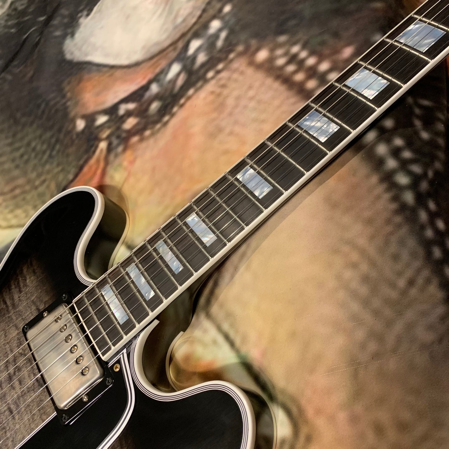 COBRA BURST 🐍! 2026 Gibson Custom Shop Gary Clark Jr. Signature ES-355 Translucent Ebony Black Silver Burst Trans Silverburst VOS Limited Edition Ebony Fretboard Nickel Mono Varitone Exclusive CustomBucker Pickups Modern F Figured Q Quilt Maple B7 Bigsby