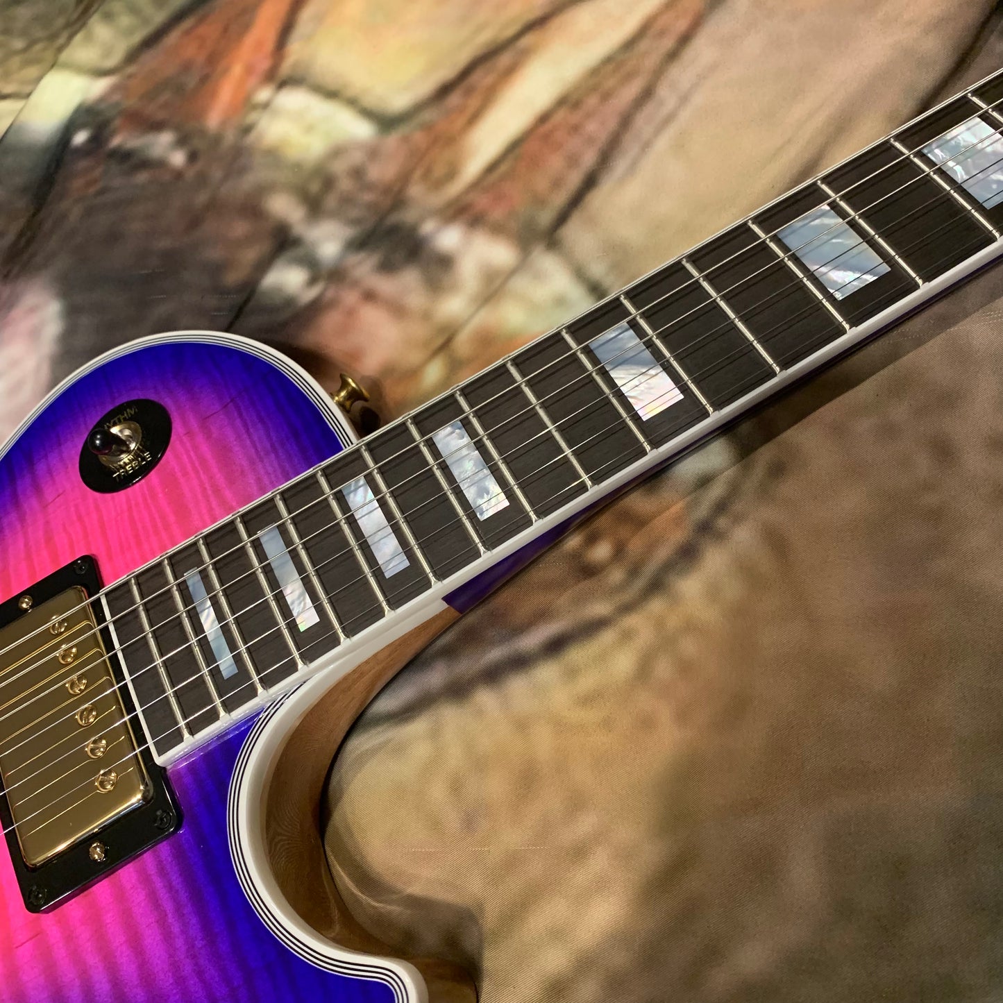 EXOTIC 🦄💋! 2026 Gibson Custom Shop Les Paul Custom Axcess Neon Burst AAA F Figured Flamed Desert Sunset Trans Pink Purple Violet Black Ebony Fretboard Full Gloss ‘57 Classic M2M Made To Measure Bengal Burst ABR-1 Stopbar PRS Orianthi Blooming Lotus Glow