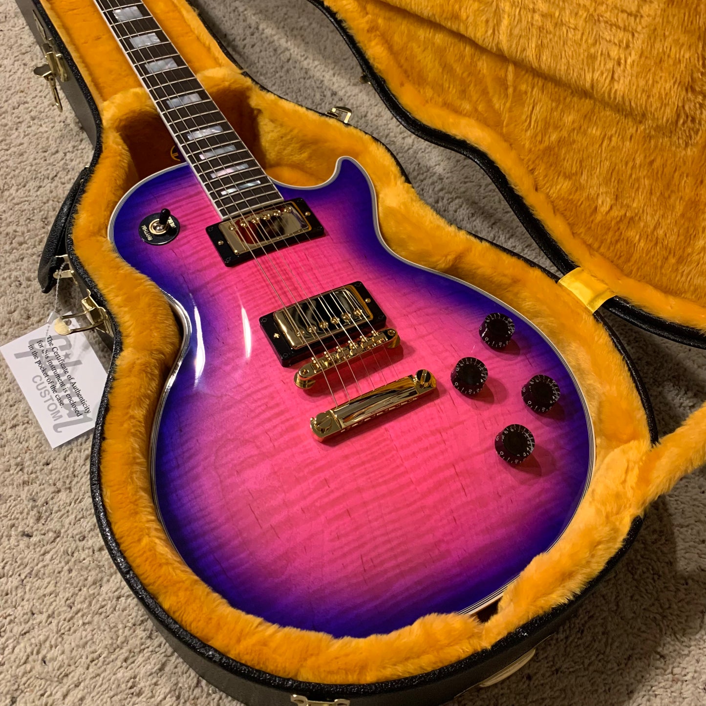 EXOTIC 🦄💋! 2026 Gibson Custom Shop Les Paul Custom Axcess Neon Burst AAA F Figured Flamed Desert Sunset Trans Pink Purple Violet Black Ebony Fretboard Full Gloss ‘57 Classic M2M Made To Measure Bengal Burst ABR-1 Stopbar PRS Orianthi Blooming Lotus Glow