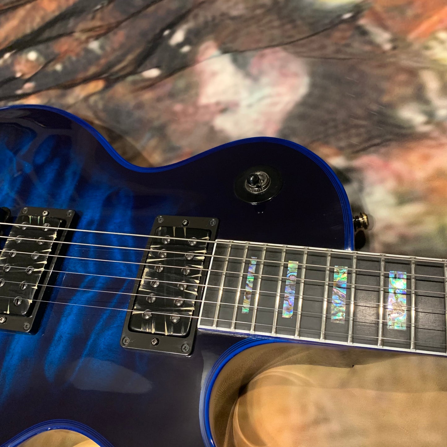 STINGER 🐈🕷️! 2015 Gibson Custom Shop Les Paul Custom Quilt Top M2M Made To Measure Blue Widow Burst Trans Aqua Black Fretboard Bare Knuckel Juggernaut Blackout Special Order Figured F Q 5A 7A Abalone Inlay Blueberry Cobalt
