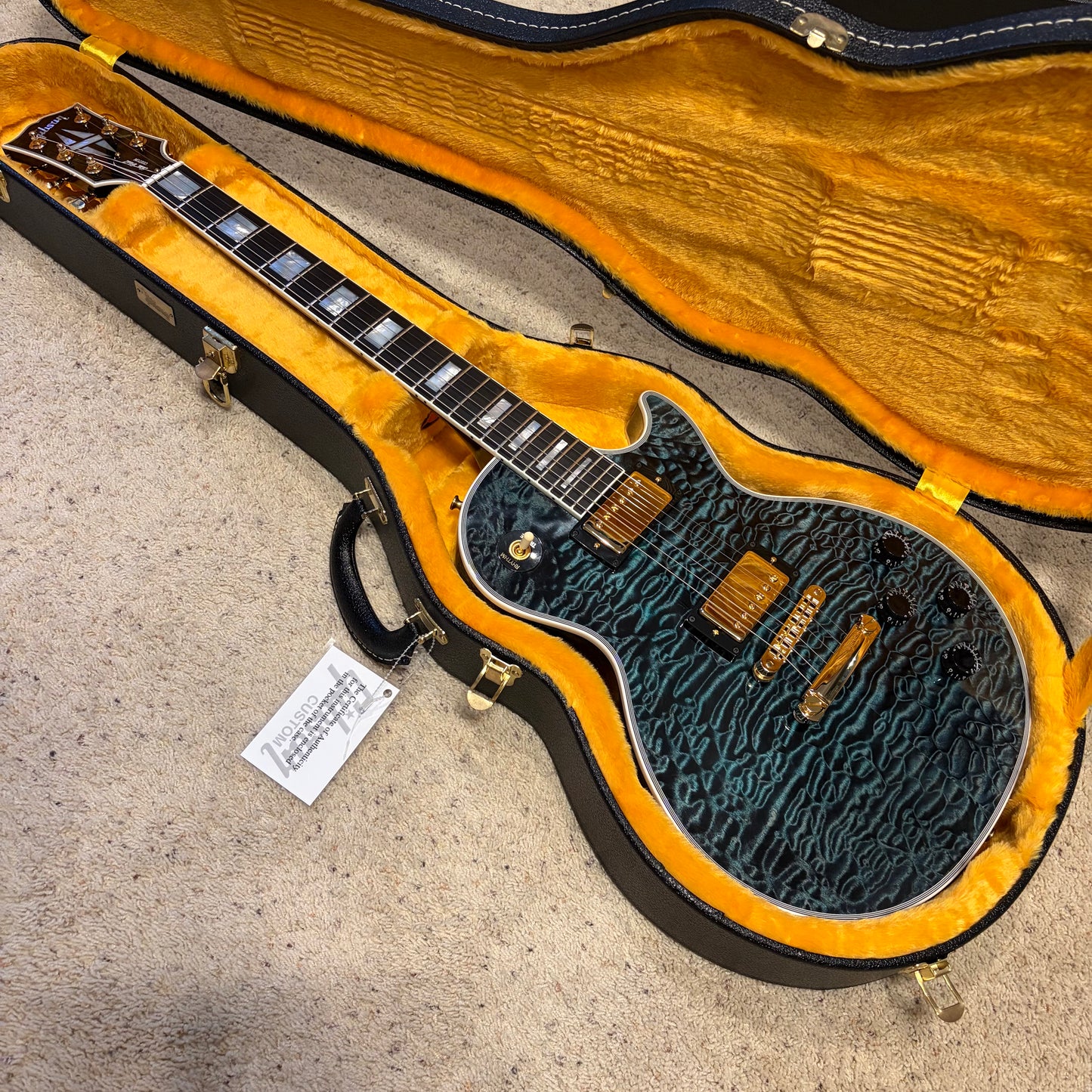 QUILT 👵! 2025 Gibson Custom Shop Les Paul Custom 7A Quilt Top M2M Made To Measure Northen Lights Ebony Fretboard Special Order Figured F Q 5A 7A 1960 V2 Neck Nordic Blue Blueberry Cobalt Trans Aqua Custombucker Pickups Gold Hardware Full Gloss