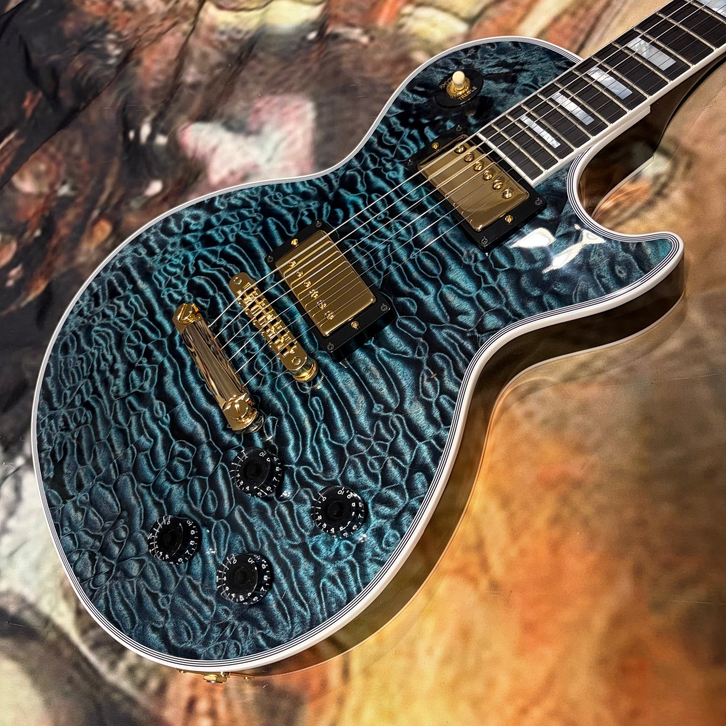 QUILT 👵! 2025 Gibson Custom Shop Les Paul Custom 7A Quilt Top M2M Made To Measure Northen Lights Ebony Fretboard Special Order Figured F Q 5A 7A 1960 V2 Neck Nordic Blue Blueberry Cobalt Trans Aqua Custombucker Pickups Gold Hardware Full Gloss