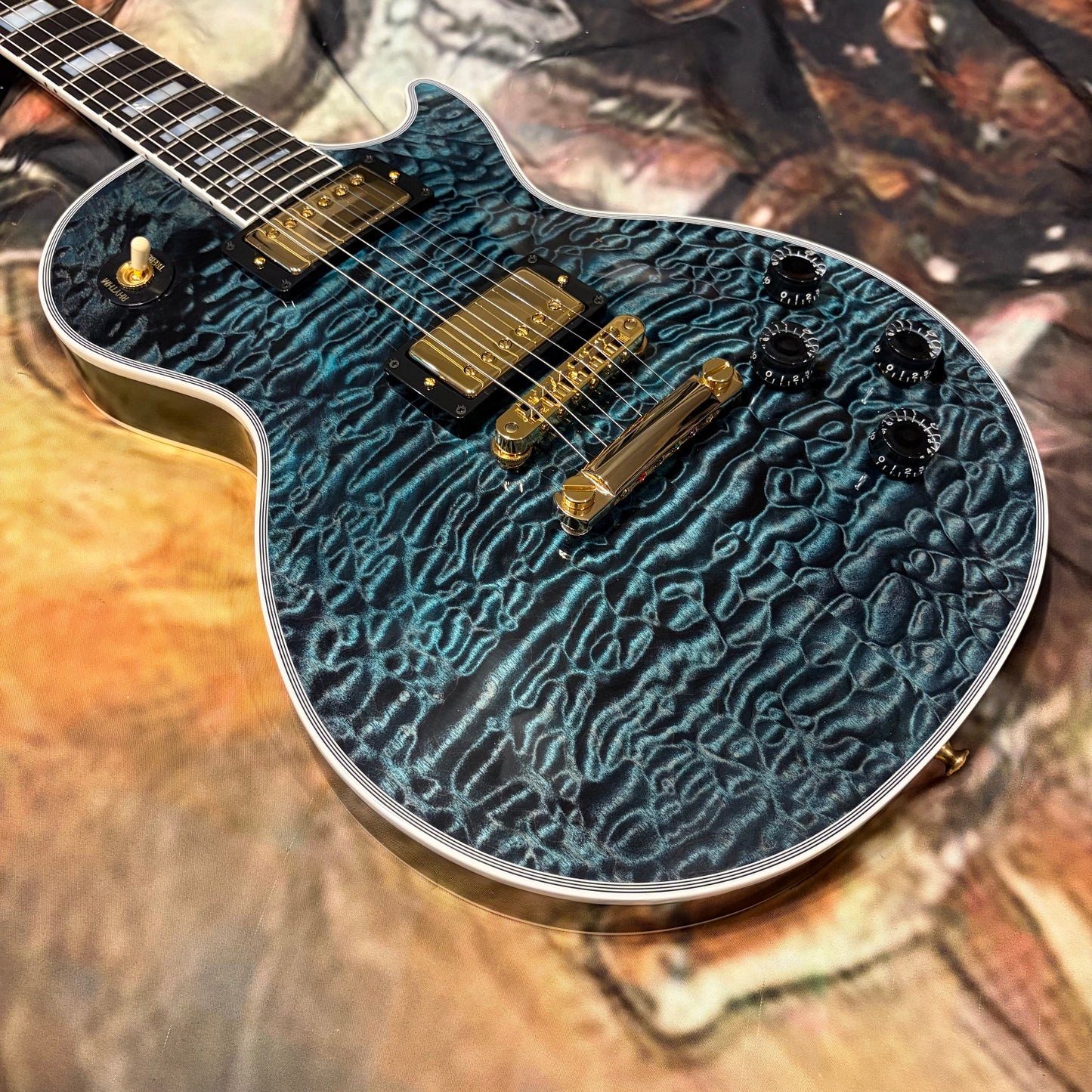 QUILT 👵! 2025 Gibson Custom Shop Les Paul Custom 7A Quilt Top M2M Made To Measure Northen Lights Ebony Fretboard Special Order Figured F Q 5A 7A 1960 V2 Neck Nordic Blue Blueberry Cobalt Trans Aqua Custombucker Pickups Gold Hardware Full Gloss