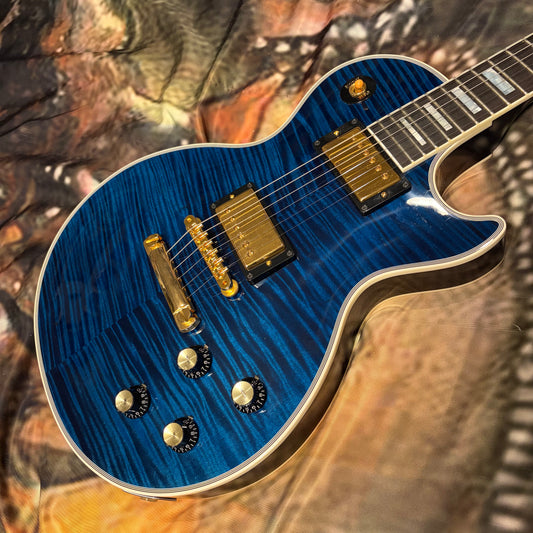 CUSTOM COLOR 🤩🌊! 2010 Gibson Custom Shop '68 Les Paul Custom Sapphire BluemF Figured Flamed Reissue Ocean Water Dark Aqua Whale Trans Blueberry Burst 1968 Historic Reissue ‘57 Classic Black Ebony Fretboard Full Gloss Gold Hardware