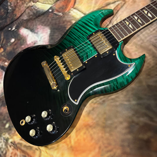 FREAKY 👽! 2025 Gibson Custom Shop M2M 1961 SG Les Paul Standard Teal Green Fade Emerald Burst ‘61 Reissue Figured Flamed Maple Top Stopbar Dark Brown Walnut Back Split Diamond Inlays Gold Hardware CustomBuckers Made To Measure Modern Supreme Elegant