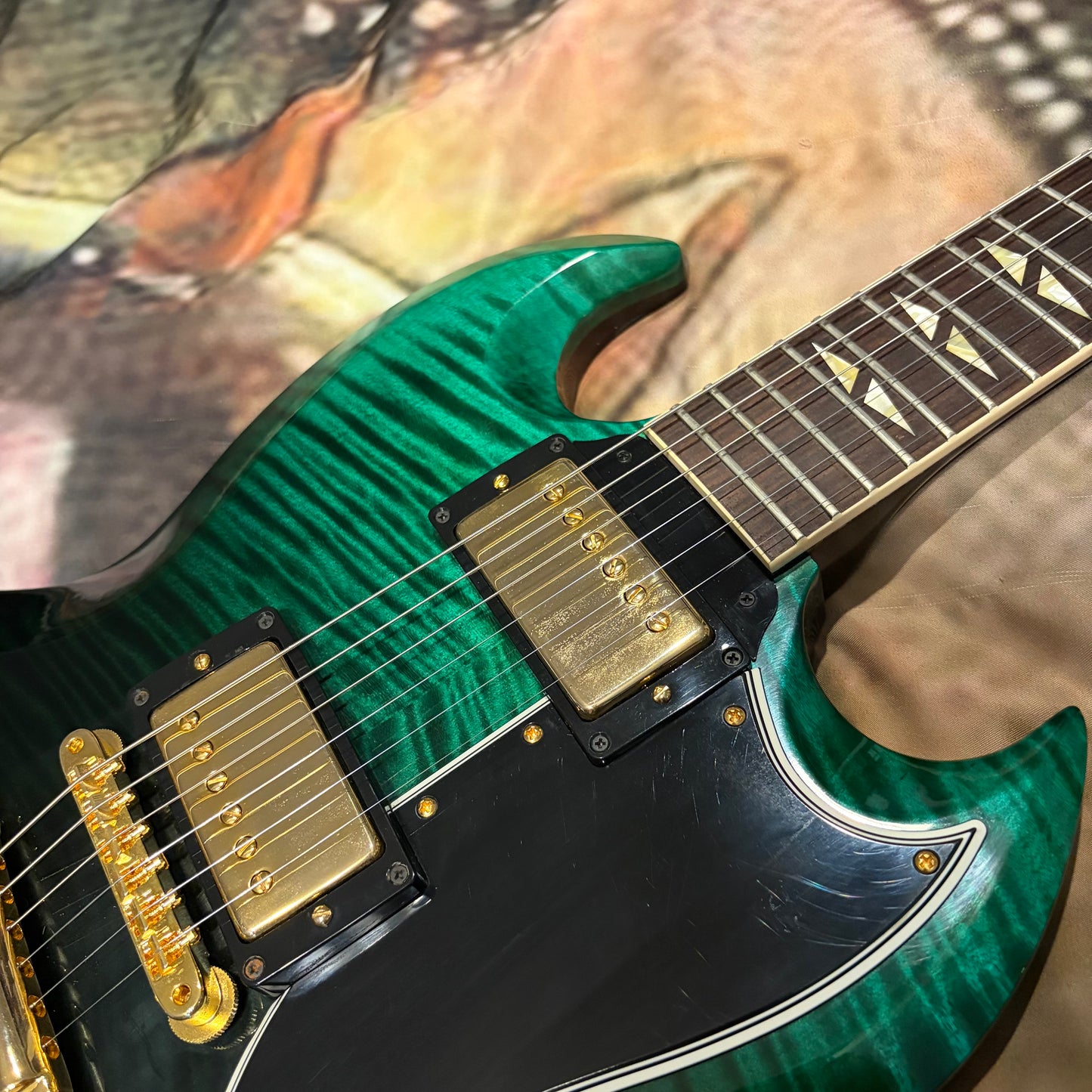 FREAKY 👽! 2025 Gibson Custom Shop M2M 1961 SG Les Paul Standard Teal Green Fade Emerald Burst ‘61 Reissue Figured Flamed Maple Top Stopbar Dark Brown Walnut Back Split Diamond Inlays Gold Hardware CustomBuckers Made To Measure Modern Supreme Elegant