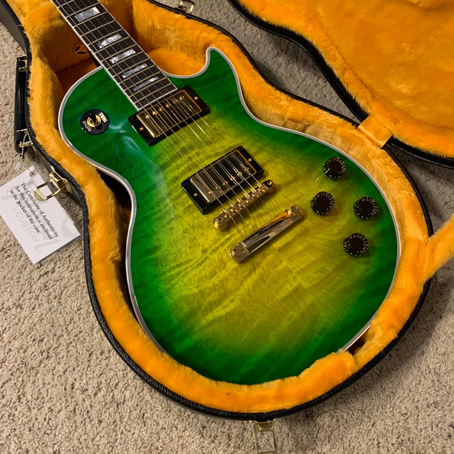 IGUANA AXCESS 🦎🔥! 2024 Gibson Custom Shop Les Paul Custom Axcess Stopbar Tailpiece Iguana Burst Trans Green Sunburst F Figured Flamed 490R 498T Black Ebony Fretboard Full Gloss Gold Hardware M2M Made To Measure Limited Edition Bengal Burst ABR-1 HP Heel