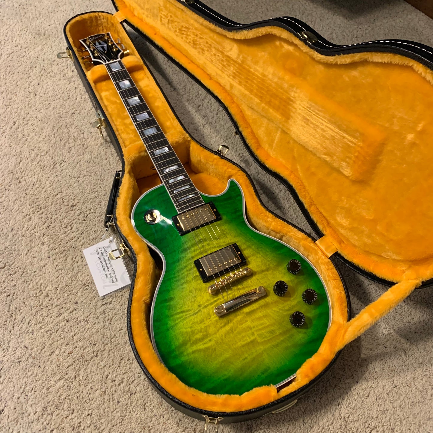 IGUANA AXCESS 🦎🔥! 2024 Gibson Custom Shop Les Paul Custom Axcess Stopbar Tailpiece Iguana Burst Trans Green Sunburst F Figured Flamed 490R 498T Black Ebony Fretboard Full Gloss Gold Hardware M2M Made To Measure Limited Edition Bengal Burst ABR-1 HP Heel