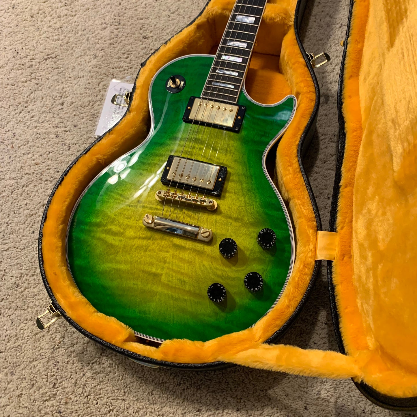 IGUANA AXCESS 🦎🔥! 2024 Gibson Custom Shop Les Paul Custom Axcess Stopbar Tailpiece Iguana Burst Trans Green Sunburst F Figured Flamed 490R 498T Black Ebony Fretboard Full Gloss Gold Hardware M2M Made To Measure Limited Edition Bengal Burst ABR-1 HP Heel