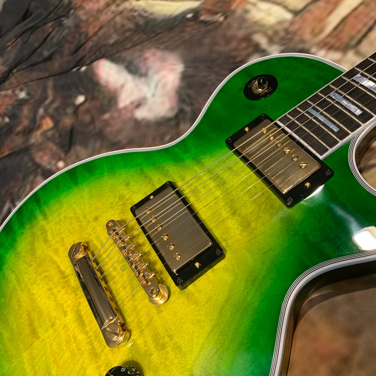 IGUANA AXCESS 🦎🔥! 2024 Gibson Custom Shop Les Paul Custom Axcess Stopbar Tailpiece Iguana Burst Trans Green Sunburst F Figured Flamed 490R 498T Black Ebony Fretboard Full Gloss Gold Hardware M2M Made To Measure Limited Edition Bengal Burst ABR-1 HP Heel